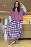 Roberta Plaid Brushed Cotton Balloon Hem Skirt Aubergine